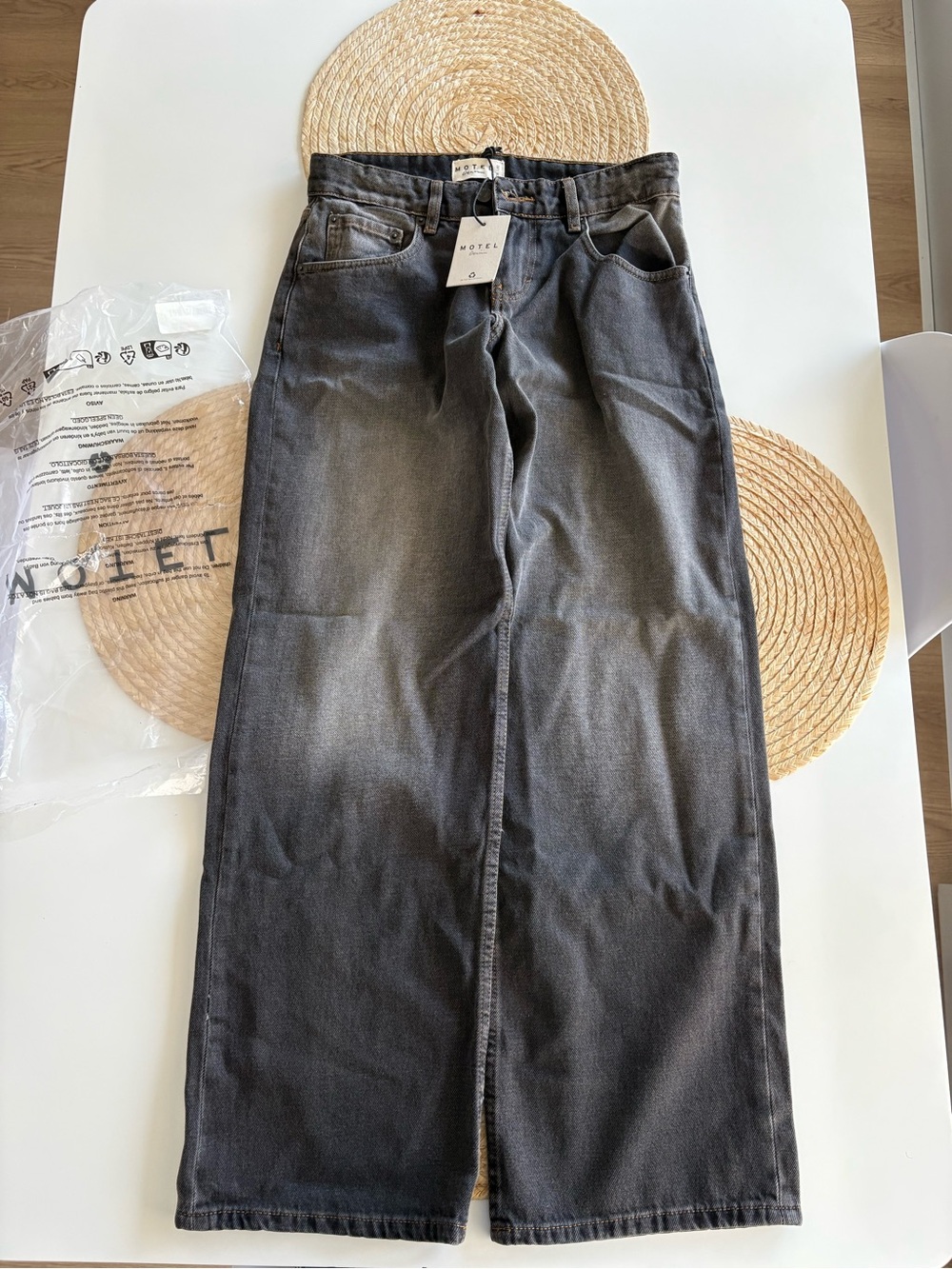 Motel Rocks Low Rise Parallel Jeans in Grey Used Bleach